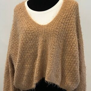 Lumiere Womens Cropped Sweater Size M Tan Fuzzy Oversized Balloon Sleeve Cozy